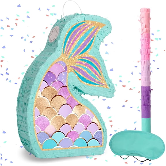 Mermaid Tail Pinata - Mermaid Pinata with Blindfold and Bat for Girls Kids Ocean Theme Birthday Party Game Decorations (Small Size 17x12x3)