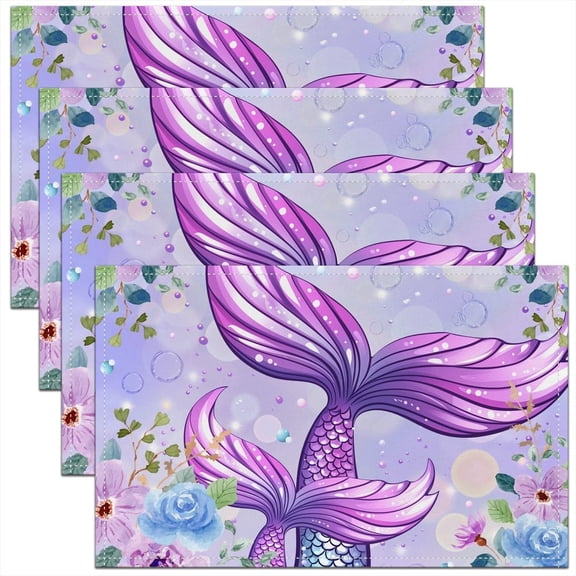 Mermaid Tail Placemats for Dining Table Set of 4 Blooming Flower Plant Place Mats 12x18 Inch for Restaurant Fancy Ocean Animal Kitchen Table Mats Easy to Clean