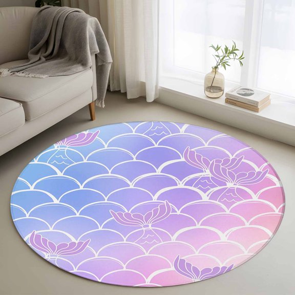 Mermaid Tail Round Rugs for Living Room 3ft Rainbow Gradient Overlay Non Slip Circle Rug Washable Low-Profile Indoor Carpet for Bedroom, Dining Room, Bathroom