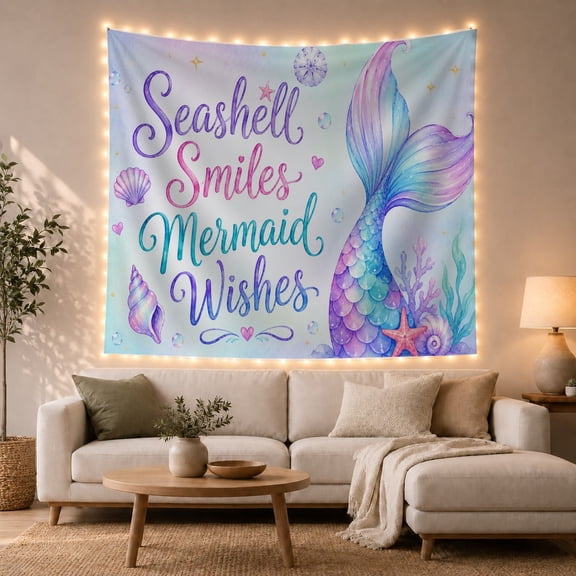 Mermaid Tail and Shells on Ethereal Blue Gradient Dreamy Watercolor for Kids Girls Whimsical Mermaid Wall Art Birthday Gift Tapestry Wall Hanging for Bedroom and Nursery