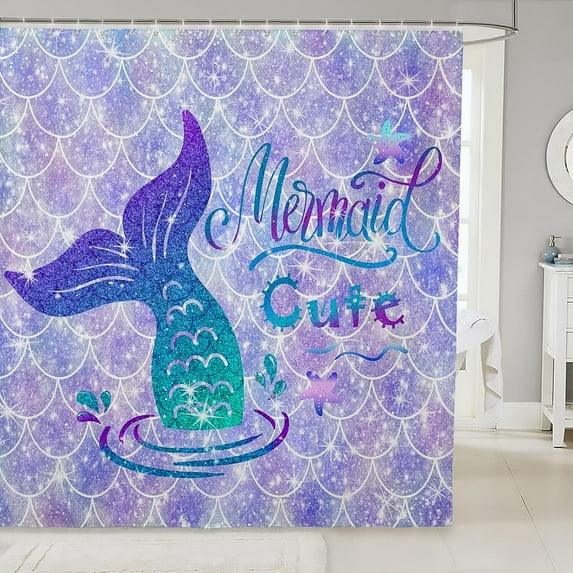 Mermaid Tail Shower Curtain Glitter Fish Scales Waterproof Bath Curtain Kids Girls Cute Purple Rainbow Gradient Sequins Girly Kawaii Mermaid Princess Kids Bathroom Decor 72\u201dWx84\u201dL