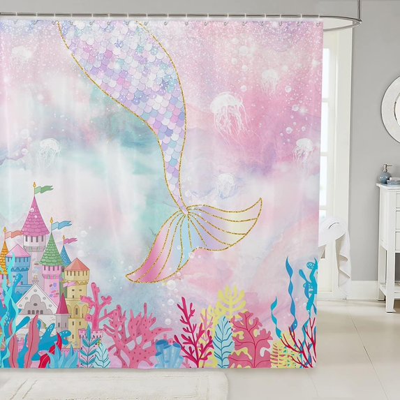 Mermaid Tail Shower Curtain Pastel Rainbow Gradient Glitter Waterproof Bath Curtain Girly Kawaii Mermaid Princess Kids Bathroom Decor Cute Little Mermaid Sequins Bathroom Curtain 72\u201dWx84\u201dL
