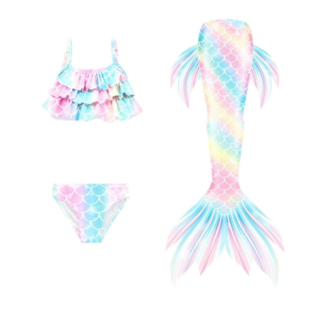 Tail Swimsuit for Girls 10-12 Year Bikini Tops Shorts Tail 3PC Set Rainbow Colorful Summer Swimwear Bathing Suit Light Blue 10-11 Years