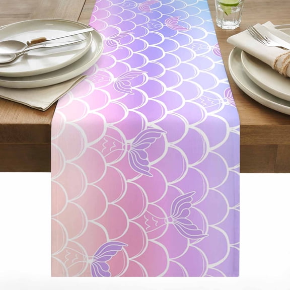 Mermaid Tail Table Runner 13x36 inch Rainbow Gradient Overlay Cotton Linen Dining Table Runner Ideal for Dresser Kitchen Coffee Tables - Machine Washable