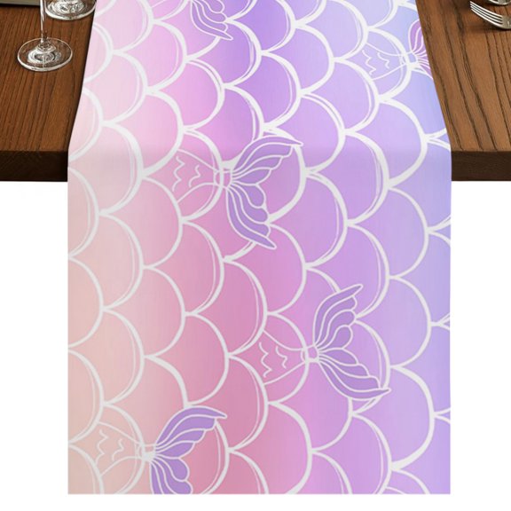 Mermaid Tail Table Runner 48 Inches Long, Rainbow Gradient Overlay Cotton Linen Dining Table Runner Dresser Scarves for Home Kitchen Party Decor 13"x48"