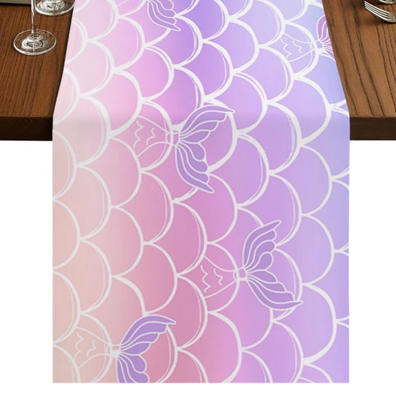 Mermaid Tail Table Runner 72 Inches Long, Rainbow Gradient Overlay Cotton Linen Dining Table Runner Dresser Scarves for Home Kitchen Party Decor 13"x72"