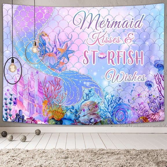 Mermaid Tail Tapestry, Purple Pink Fish Scale Ocean Theme tapestry for bedroom, Cute marine Tapestry for girl Kids Bedroom Poster Living Room College, 60X40N