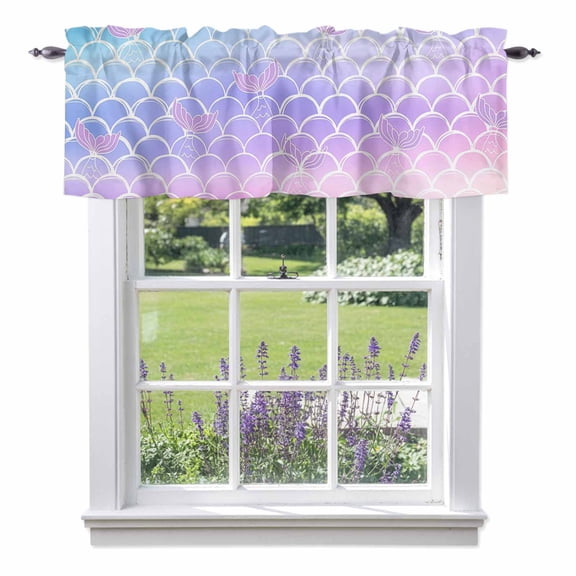 Mermaid Tail Valances for Windows, Rainbow Gradient Overlay Valance Window Treatment Rod Pocket Short Curtains Valances for Kitchen Bathroom 54"W x 18"L