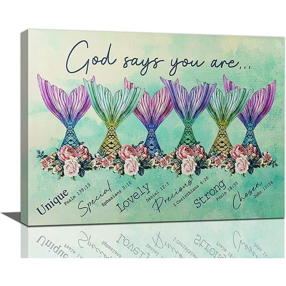 Mermaid Tail Wall Art Little Girls Inspirational Room Decor Painting Motivational Teal Bathroom Pictures Framed Artwork Gifts Office Home Decorations for Bathroom Bedroom Dining Living 16"x12"