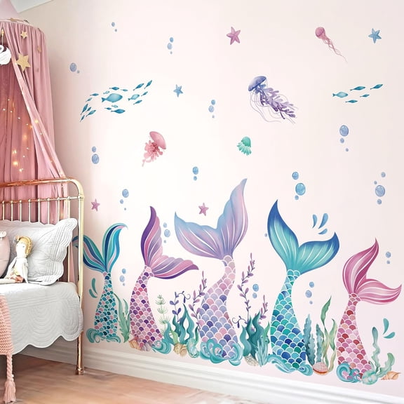Mermaid Tail Wall Stickers Under The Sea Mermaid Bubble Seaweed Peel and Stick Wall Art Decals for Baby Nursery Girls Bedroom Bathroom