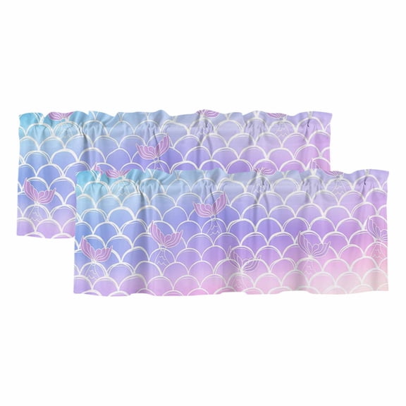 Mermaid Tail Window Valance, Rainbow Gradient Overlay 2 Pack Decorative Curtain for Small Windows, Light Filtering Valance with 3” Rod Pocket, 42"W x 12"L