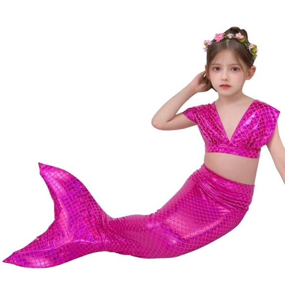 Tail for Girls Bathing Suit 3Pcs Ruffle Top Bikini Bottoms Swimsuit Kids Beach Pool Swimwear #01 Hot Pink & 8-9 Years