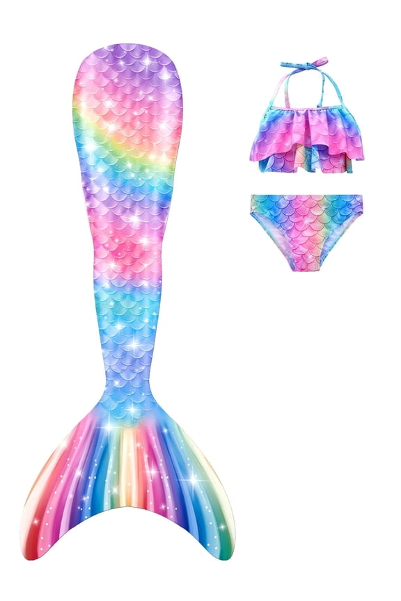 Mermaid Tail for Girls 3Pcs Kids Mermaid Swimwear Costume Bathing Suit Cute Ruffle Tankini 3-13T