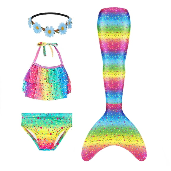 Mermaid Tails, Mermaid Tails For Swiming For Girls,4 PCS Girls Swimsuit Bathing Suits Bikini with Cover Up Birthday Gift for Girl 3-11 Years (Monofin not included.)
