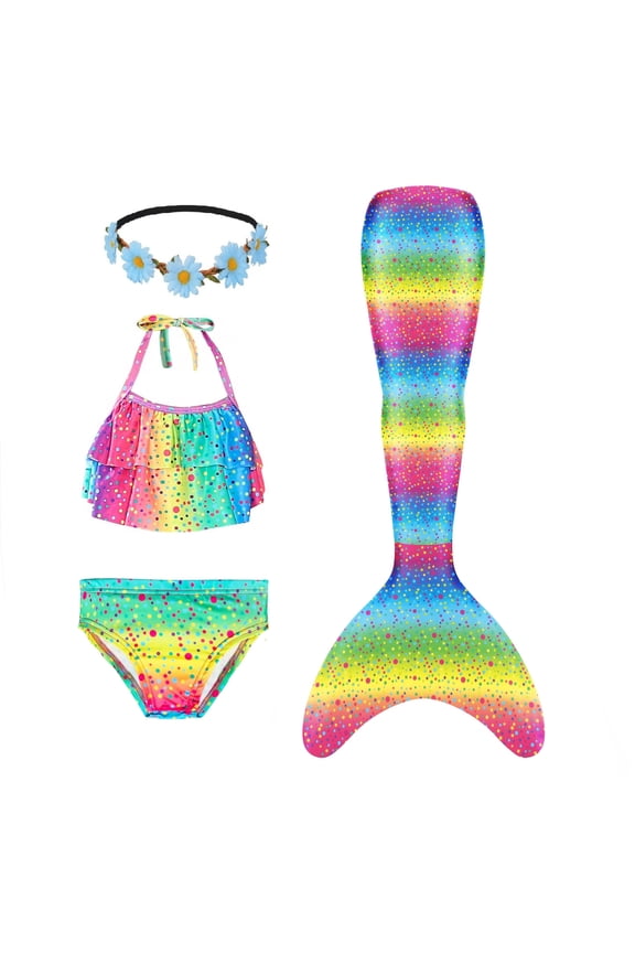 Mermaid Tails, Mermaid Tails For Swiming For Girls,4 PCS Girls Swimsuit Bathing Suits Bikini with Cover Up Birthday Gift for Girl 3-11 Years (Monofin not included.)