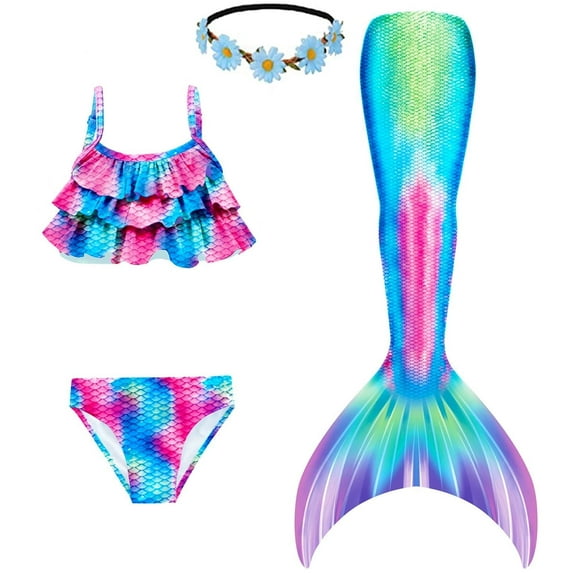 Mermaid Tails, Mermaid Tails For Swiming For Girls,4 PCS Girls Swimsuit Bathing Suits Bikini with Cover Up Birthday Gift for Girl 3-11 Years (Monofin not included.)