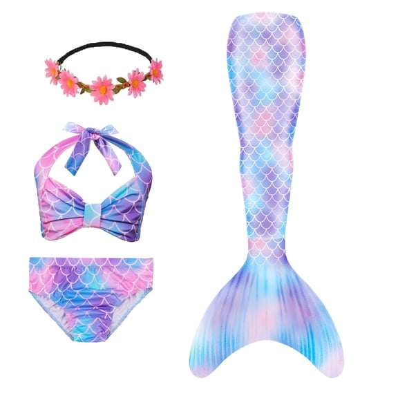 Mermaid Tails, Mermaid Tails For Swiming For Girls,4 PCS Girls Swimsuit Bathing Suits Bikini with Cover Up Birthday Gift for Girl 3-11 Years (Monofin not included.)