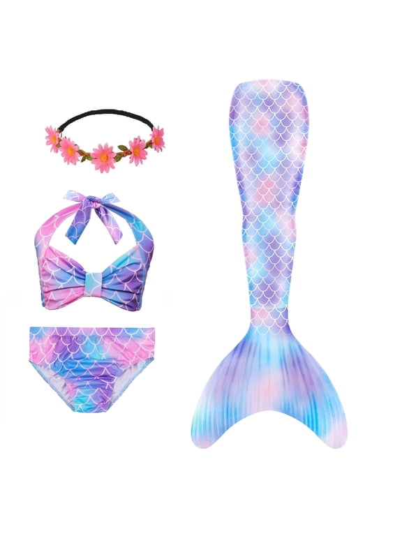 Mermaid Tails, Mermaid Tails For Swiming For Girls,4 PCS Girls Swimsuit Bathing Suits Bikini with Cover Up Birthday Gift for Girl 3-11 Years (Monofin not included.)
