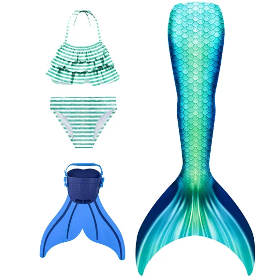 Mermaid Tails Swimming for Girls with Monofin Mermaid Tail Costume Pool Party Swimwear Kids Mermaid Bathing Suit 4PC