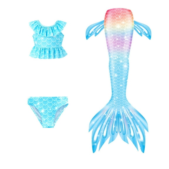 Tails for Girls 7-8 Year Bikini Tops Shorts Tail 3PC Set Summer Rainbow Swimwear Bathing Suit Light Blue 6-7 Years