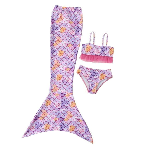 Mermaid Tails for Swimming Girls Bathing Suits Swimsuit Princess Swimwear Bikini Set for 1-14 Year Old,8-9T,Purple Pink