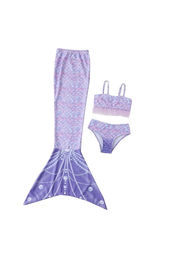 Magical Mermaid Tail & Bikini Set for Little Girls 2-12 Years, Shiny Scale Princess Swimwear for Beach Pool Party Photos