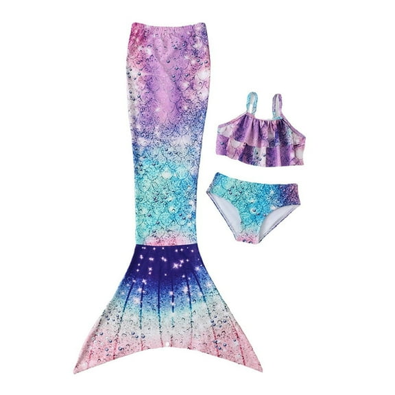 Magical Mermaid Tail & Bikini Set for Little Girls 2-12 Years, Shiny Scale Princess Swimwear for Beach Pool Party Photos