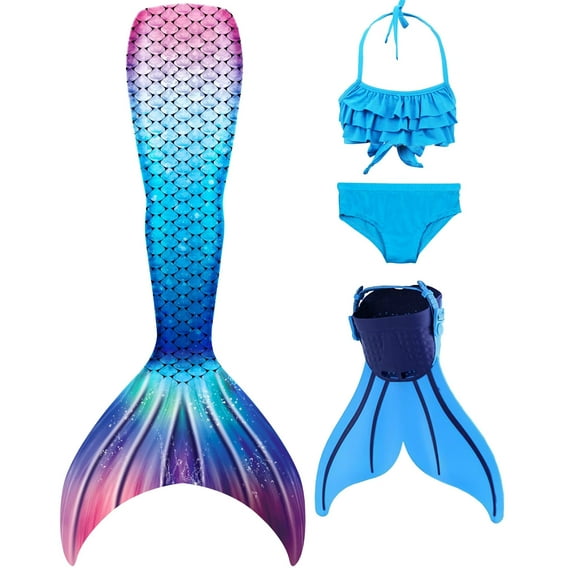 Hejin Mermaid Tails for Swimming with Monofin Girls Mermaid Tail Swimsuit Bathing Suit for Kids 4PC
