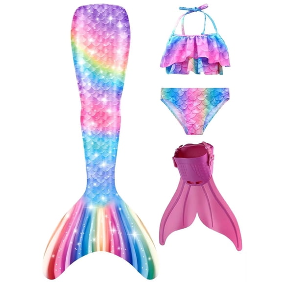 Hejin Mermaid Tails for Swimming with Monofin Girls Mermaid Tail Swimsuit Bathing Suit for Kids 4PC