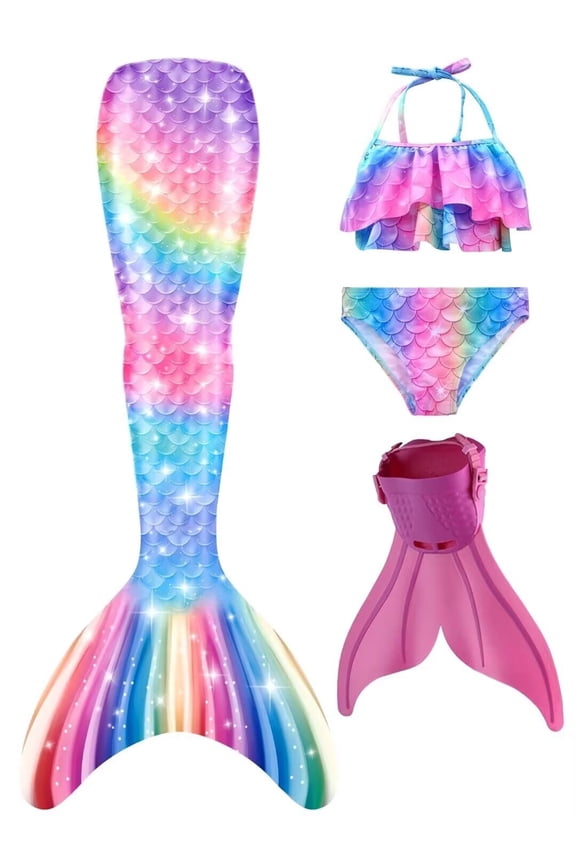 Mermaid Tails for Swimming with Monofin Girls Mermaid Tail Swimsuit Bathing Suit for Kids 4PC