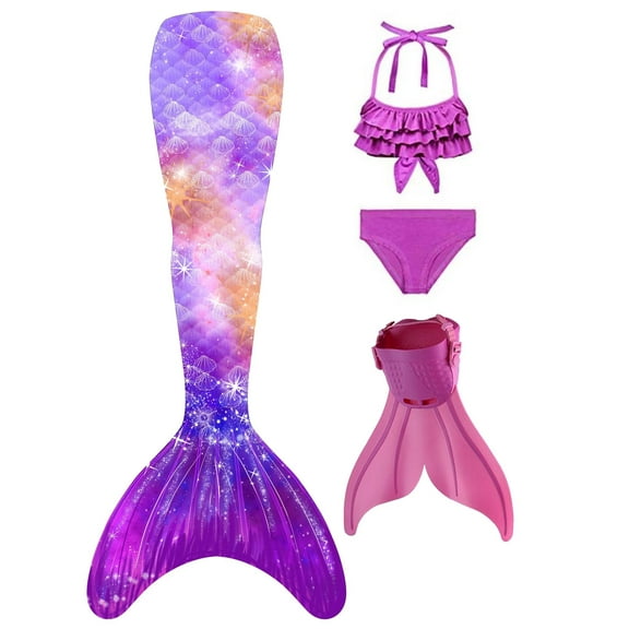 Mermaid Tails for Swimming with Monofin Girls Mermaid Tail Swimsuit Bathing Suit for Kids 4PC