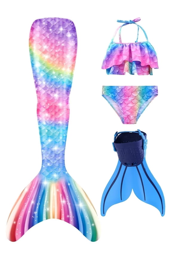 Mermaid Tails for Swimming with Monofin Girls Mermaid Tail Swimsuit Bathing Suit for Kids 4PC