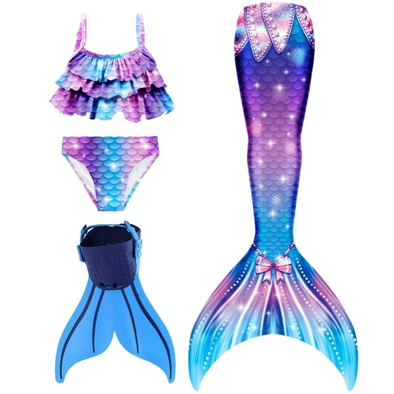 Hejin Mermaid Tails for Swimming with Monofin Girls Mermaid Tail Swimsuit Bathing Suit for Kids 4PC