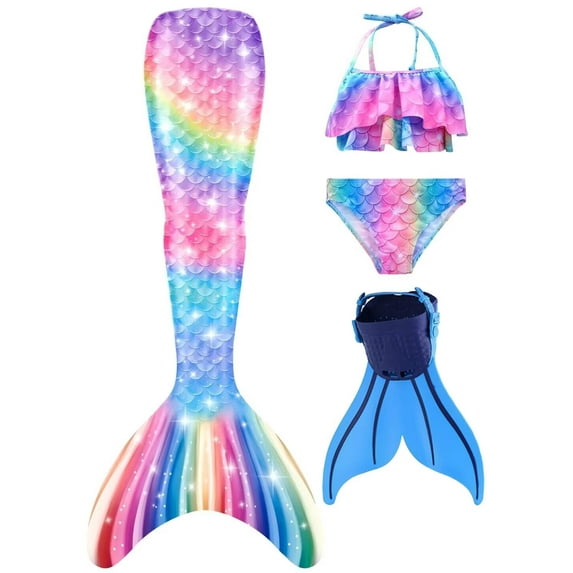 Hejin Mermaid Tails for Swimming with Monofin Girls Mermaid Tail Swimsuit Bathing Suit for Kids 4PC