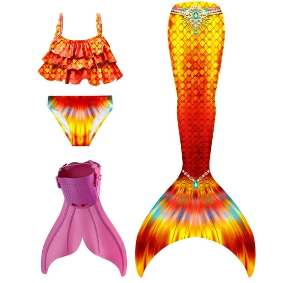 Mermaid Tails for Swimming with Monofin Girls Mermaid Tail Swimsuit Bathing Suit for Kids 4PC