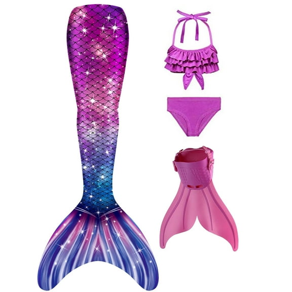 Mermaid Tails for Swimming with Monofin Girls Mermaid Tail Swimsuit Bathing Suit for Kids 4PC