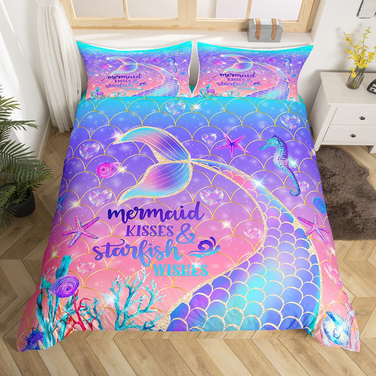 Rainbow Colorful Mermaid top Scale Duvet Cover Twin Queen King,Duvet Covers Queen King,Bedroom,Bedding Set Kids Teen Adult Girls,Pillowcase Set