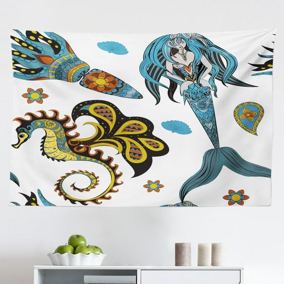 Mermaid Tapestry, Hand Drawn Mermaid on Ornate Mandala Backdrop Fantasy Design, Fabric Wall Hanging Decor for Bedroom Living Room Dorm, 2 Sizes, Violet Blue Jade Green, by Ambesonne