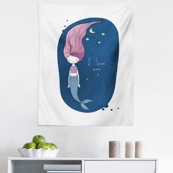 Mermaid Tapestry, I Love Sea Theme Cartoon Girl with Long Pink Hair Stars and Moon, Fabric Wall Hanging Decor for Bedroom Living Room Dorm, 5 Sizes, Blue Pink Yellow, by Ambesonne