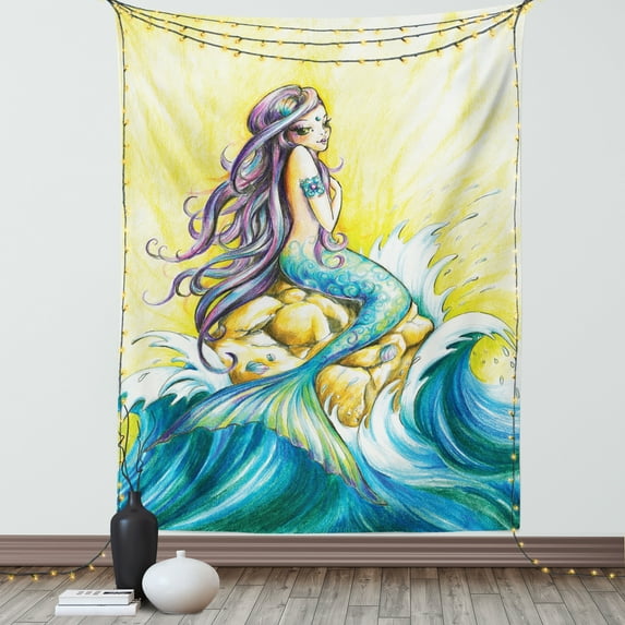Mermaid Tapestry, Magical Mermaid Sitting on Rock Sunny Day Colored Pencil Drawing Effect, Wall Hanging for Bedroom Living Room Dorm Decor, 60W X 80L Inches, Yellow Blue Purple, by Ambesonne