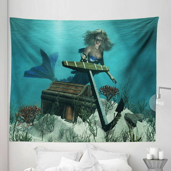 Mermaid Tapestry, Mermaid in Ocean Discovering Pirates Treasure Chest Mythical Art Print, Fabric Wall Hanging Decor for Bedroom Living Room Dorm, 5 Sizes, Azure Blue Brown Cream, by Ambesonne