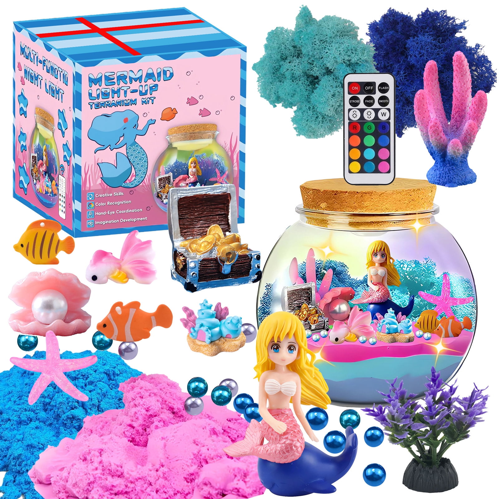 Mermaid Terrarium Craft Kit for Kids, 13 Colors LED Night Light with Remote, Creative Birthday Gift for Girls Age 3-12, DIY Your Own Ocean Theme Decor