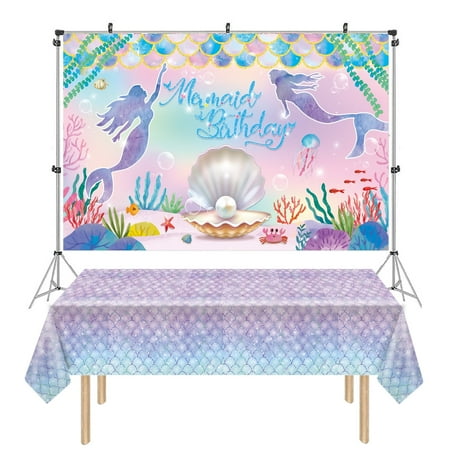 Mermaid Theme Tablecloth And Backdrop Set - Rectangle Plastic Table Cover And Fabric Background For Birthday Parties, Home Decor | Waterproof & Can Be Hung As Backdrop - Fantasy Ocean Party Supplies