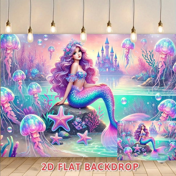 Mermaid Themed Backdrop, Undersea Castle Scene Decor Cloth, Perfect For Party Arrangement, Photography Shooting, Room Wall Decoration