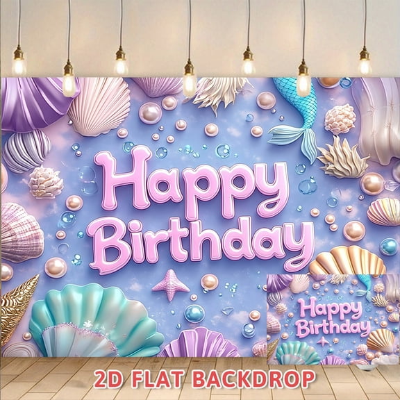 Mermaid Themed Happy Birthday Backdrop, Seashell Pearl Underwater Party Decor Background Cloth, Photo Booth Prop for Birthday Party, Indoor Outdoor Birthday Event Decoration Backdrop