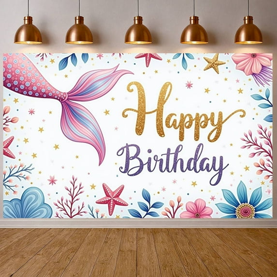Mermaid Themed Mermaid Birthday Banner Ocean Inspired Display Colorful Floral Glittery Gold Under the Sea Backdrop for Kids Birthday Party Girls Celebration Under the Sea Event