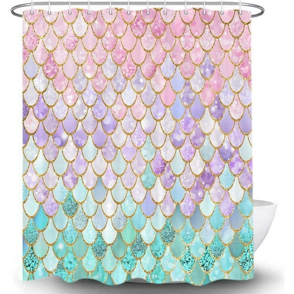 Mermaid Themed Shower Curtain, Mermaid Scales Pink Blue Purple Green Girls Shower Curtains for Bathroom, Fairytale Colorful Waterproof Fabric Kids Bathroom Decor Sets with Hooks