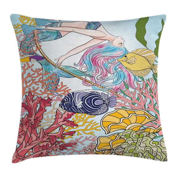 Mermaid Throw Pillow Cushion Cover, Hand Drawn Mermaid Creature Swinging on Rope on Coral Reefs in Underwater World Artwork, Decorative Square Accent Pillow Case, 18 X 18 Inches, Multi, by Ambesonne