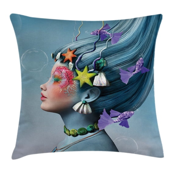 Mermaid Throw Pillow Cushion Cover, Woman with Underwater Themed Make Up Hairstyle Starfishes Seashells Fishes Bubbles, Decorative Square Accent Pillow Case, 16 X 16 Inches, Multicolor, by Ambesonne