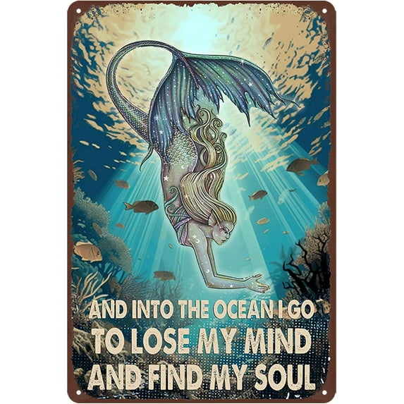 Mermaid Tin Sign Mermaid Metal Wall Art Decor Adult And Into The Ocean I Go To Lose My Mind And Find My Soul Signs Vintage Mermaids Metal Tin Sign Mermaid Poster Ocean Art Wall Decor Signs 8x12 Inch